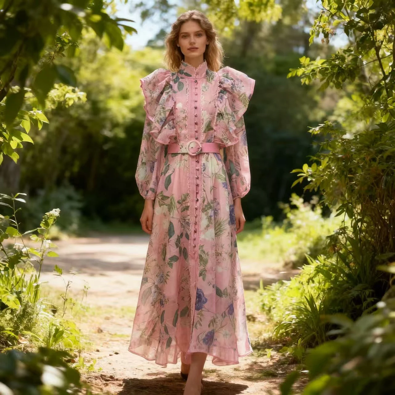 Gonna lunga Sle retrò Dr Orlo irregolare Dettaglio bottoni Vita che si attenuano con finiture in pizzo floreale Fibra di poliestere Country Sle