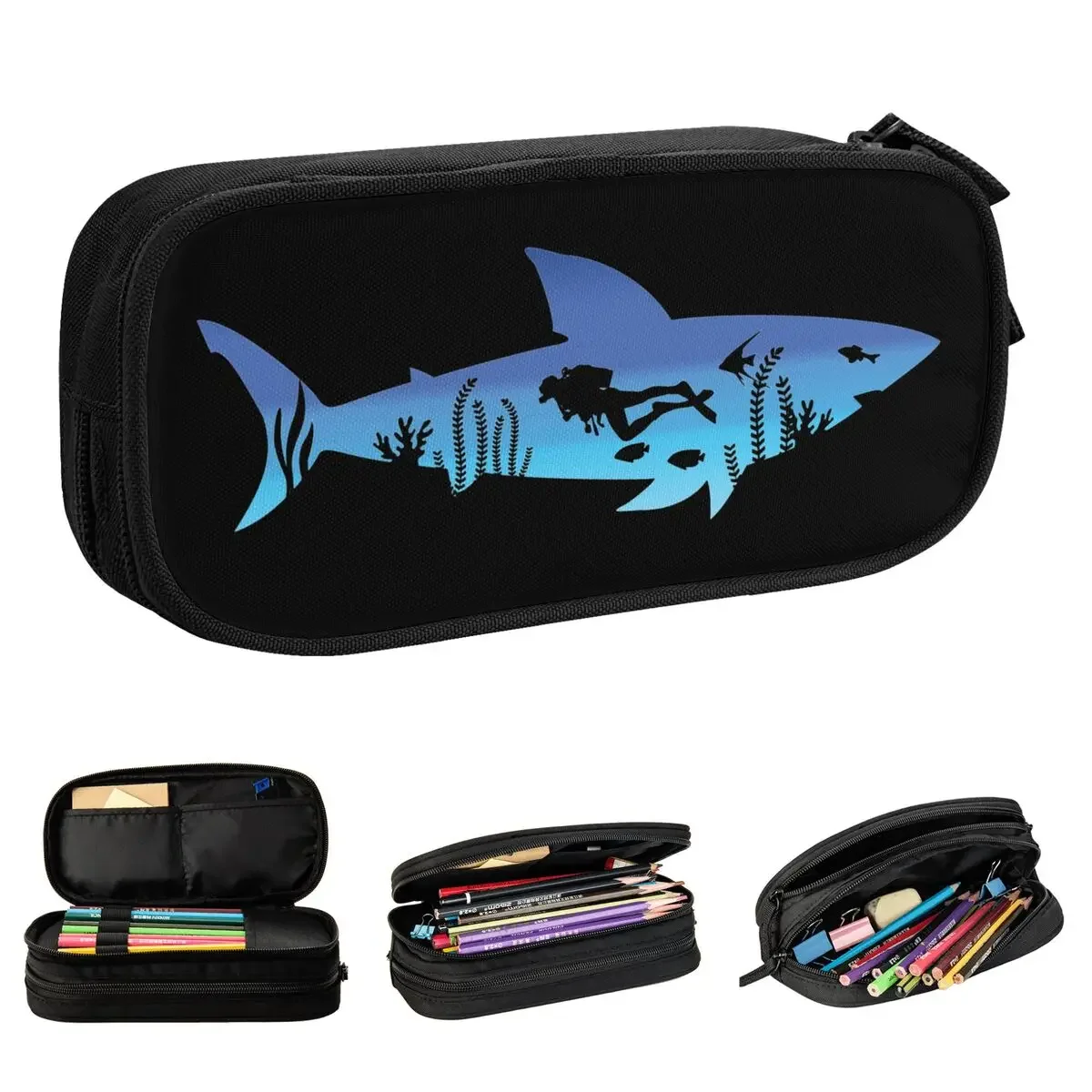 

Shark Diver Scuba Diving Dive Pencil Case Lovely Sea Equipment Pen Bags Girl Boy Large Students School Cosmetic Pencilcases