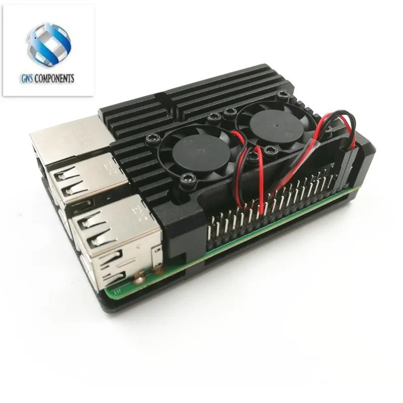 Casing aluminium 4/3 Raspberry Pi dengan kipas pendingin ganda cangkang logam penutup hitam untuk RPI Raspberry Pi 4B/3B/3B +