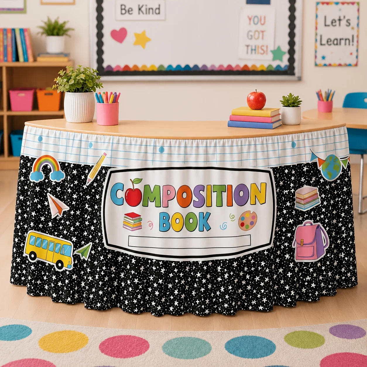 1 piece, school-themed table skirt design, with composition book rainbow bus backpack pattern decorative tablecloth print