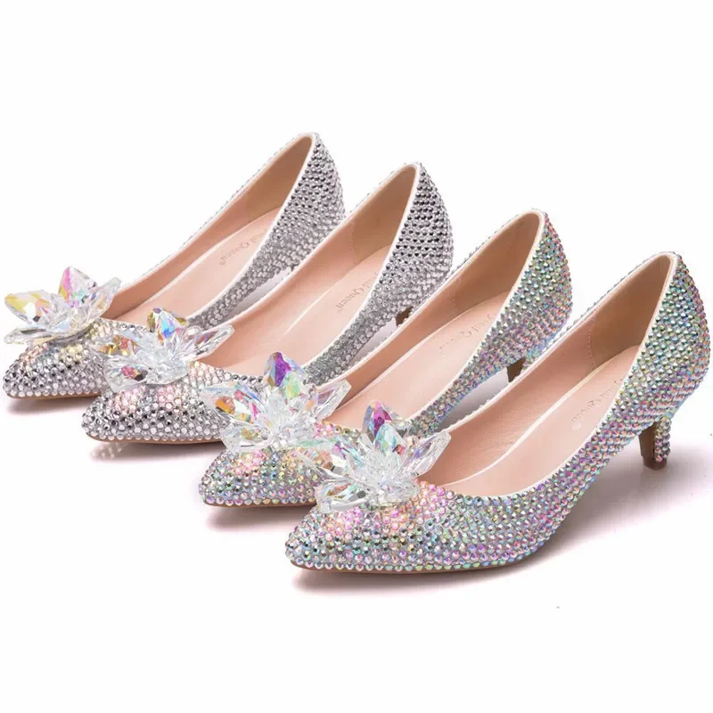 Lady Crystal Queen Wedding Shoes Pointy Toe High Heel Sexy Party Pumps Dazzling Stiletto Retro White Clear Flower Big Size 43-34