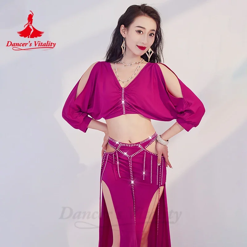 Belly Dance Performance Costume Set Women Half Sleeves Top+AB Stones Long Skirt 2pcs for Girl\'s Oriental Belly Dancing Outfit