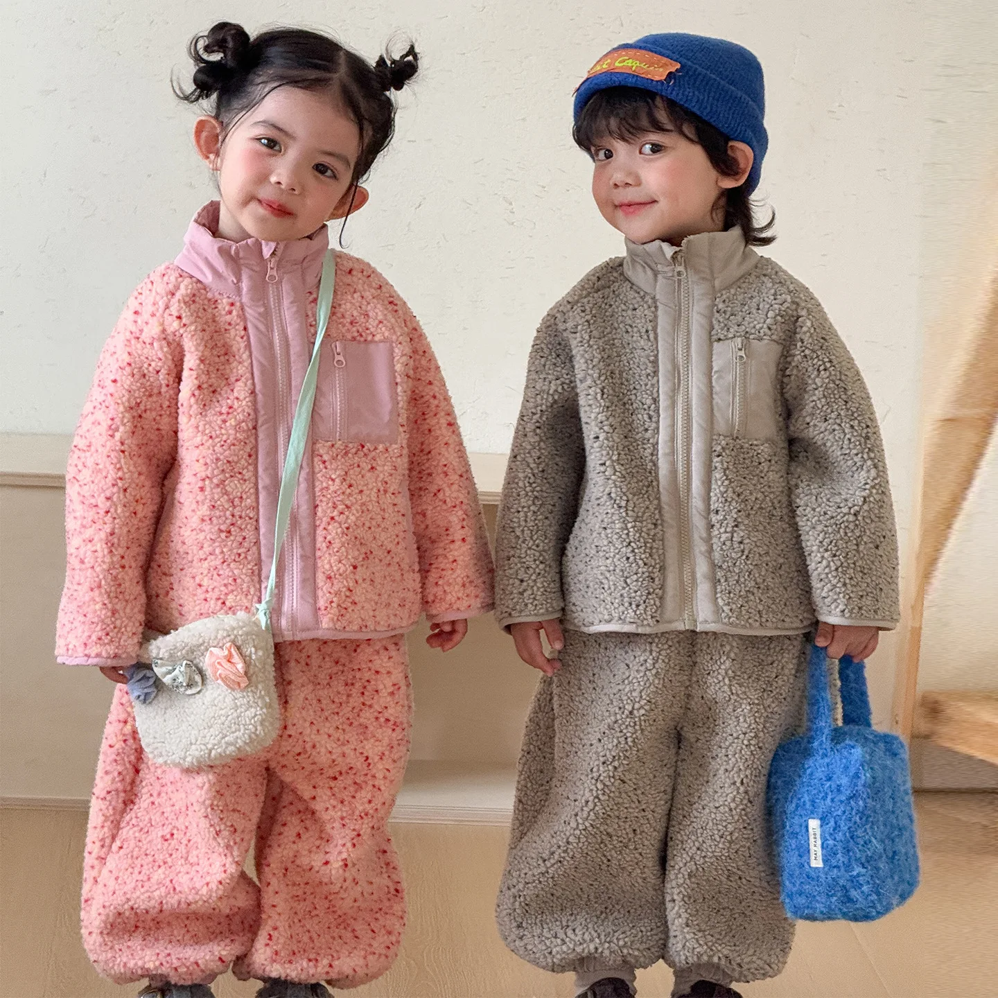 2026 Winter New Children Warm Lamb Fleece Clothes Set Boys Girls Coat + Pants 2pcs Suit Plus Velvet Thick Kids Casual Outfits