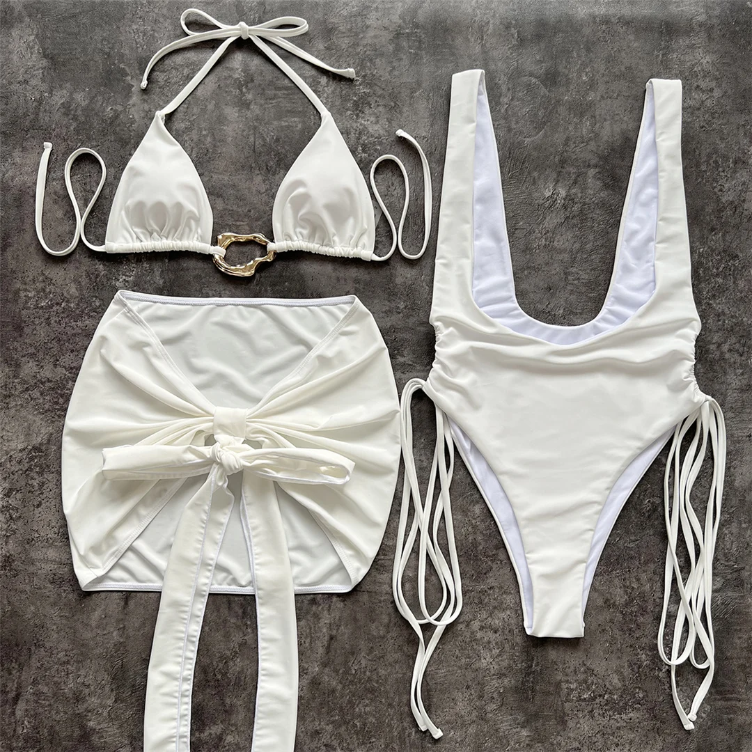 Mit Rock, Neckholder, Metallring, Bikini, Damen-Badebekleidung, dreiteiliges Bikini-Set, gepolsterter Badeanzug, Badeanzug, Schwimmbekleidung V7077 – Detail 2