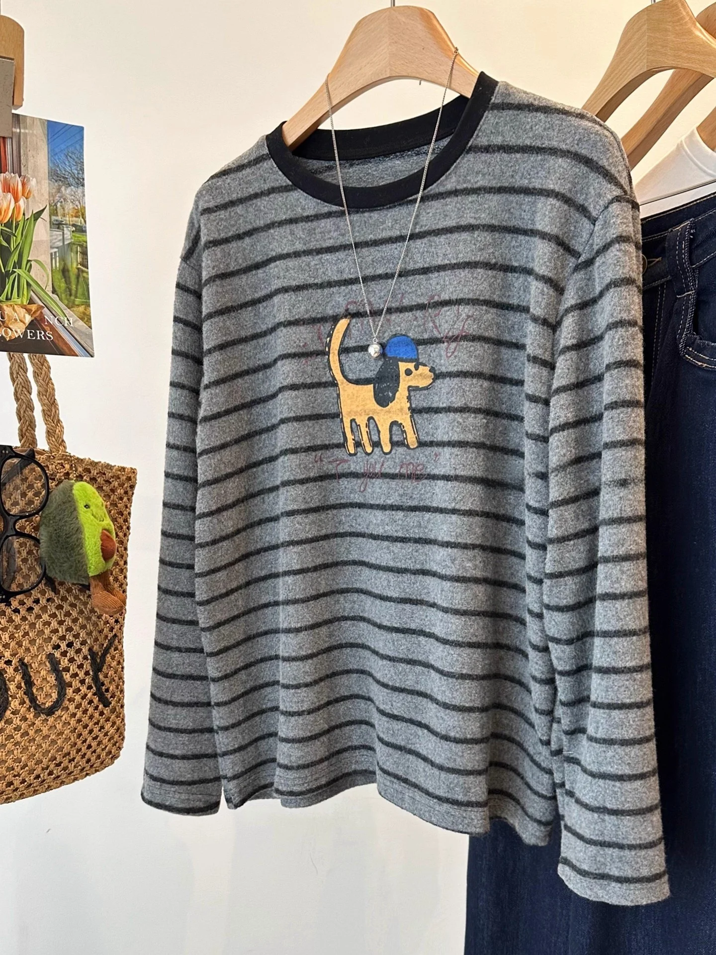 

plus Size 300 Pou Korean Sle Cartoon Dog Print Long Sve T-irt Women's Autumn Winter Soft Striped Top Casual Wear