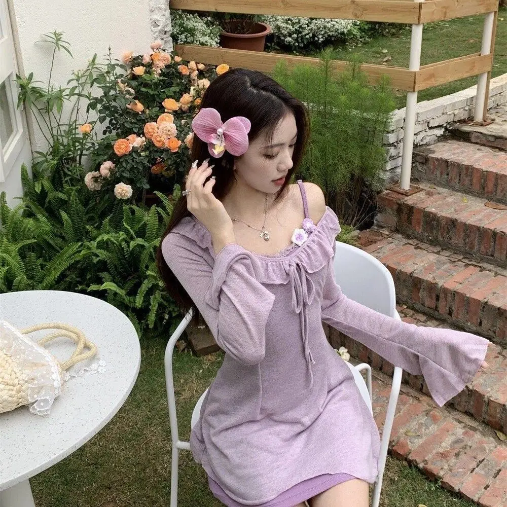 Traje Sexy puro para mujer, Top de manga larga púrpura claro, correa de encaje, vestido cruzado en la cadera, conjunto de dos piezas, dulce y caliente, primavera y verano