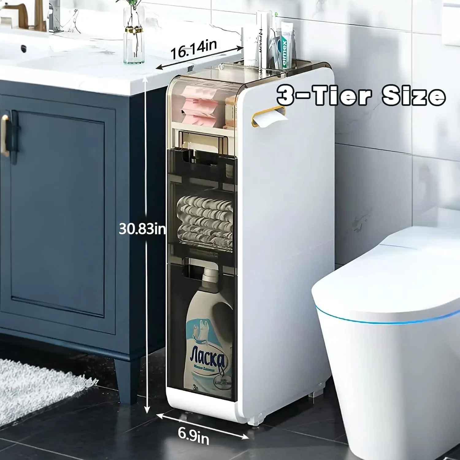 3-Tiers Narrow Storage Cabinet,Sleek Free Standing Toilet Paper Holder,Small Bathroom Floor Cabinet,Slim Plastic Drawer ,Multifu