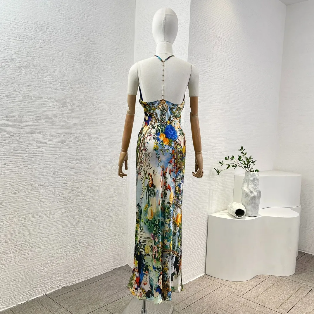 2024 Summer Pure Silk Flower Color Floral Cartoon Character Print Diamonds Pressed Sleeveless Backless Halter Tube Maxi Dress