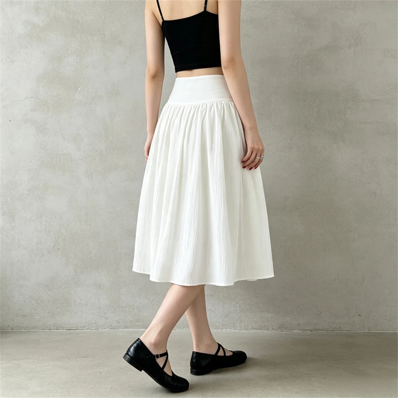 KEYANKETIAN 2026 Women Fresh High Waist Midi Skirt Crinkle Textured Fabric Wide Waistband Gathered A Line Flowy Skirt