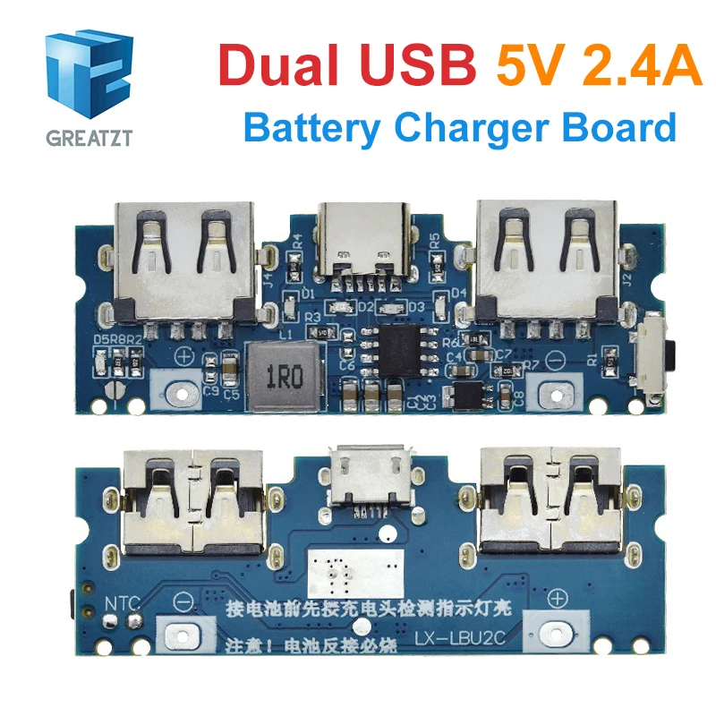 Greatzt micro/tipo-c usb 5v 2.4a duplo usb 18650 boost bateria carregador placa banco de potência móvel acessórios para telefone diy