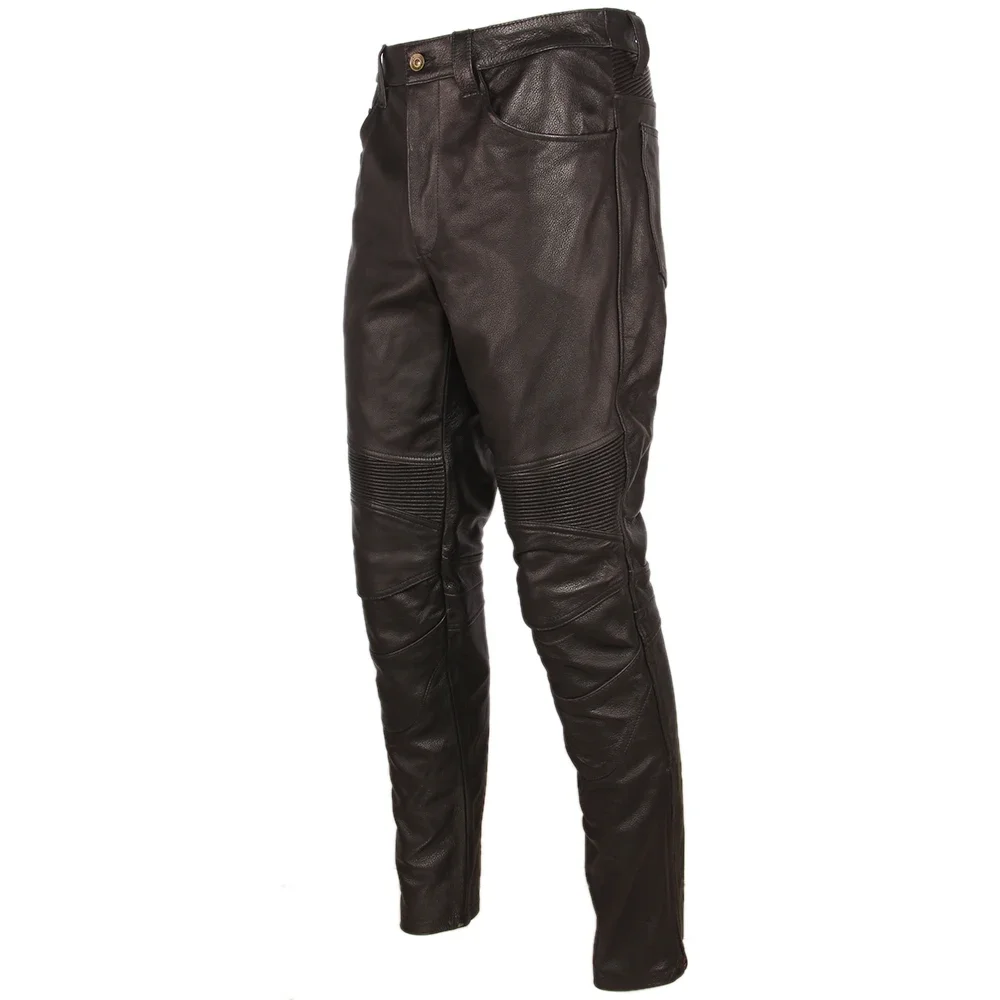 Fashion Vintage Black Men Leather Pant Thick 100% Natural Cowhide Motorcycle Biker Trousers Moto Pants Protector Available M350