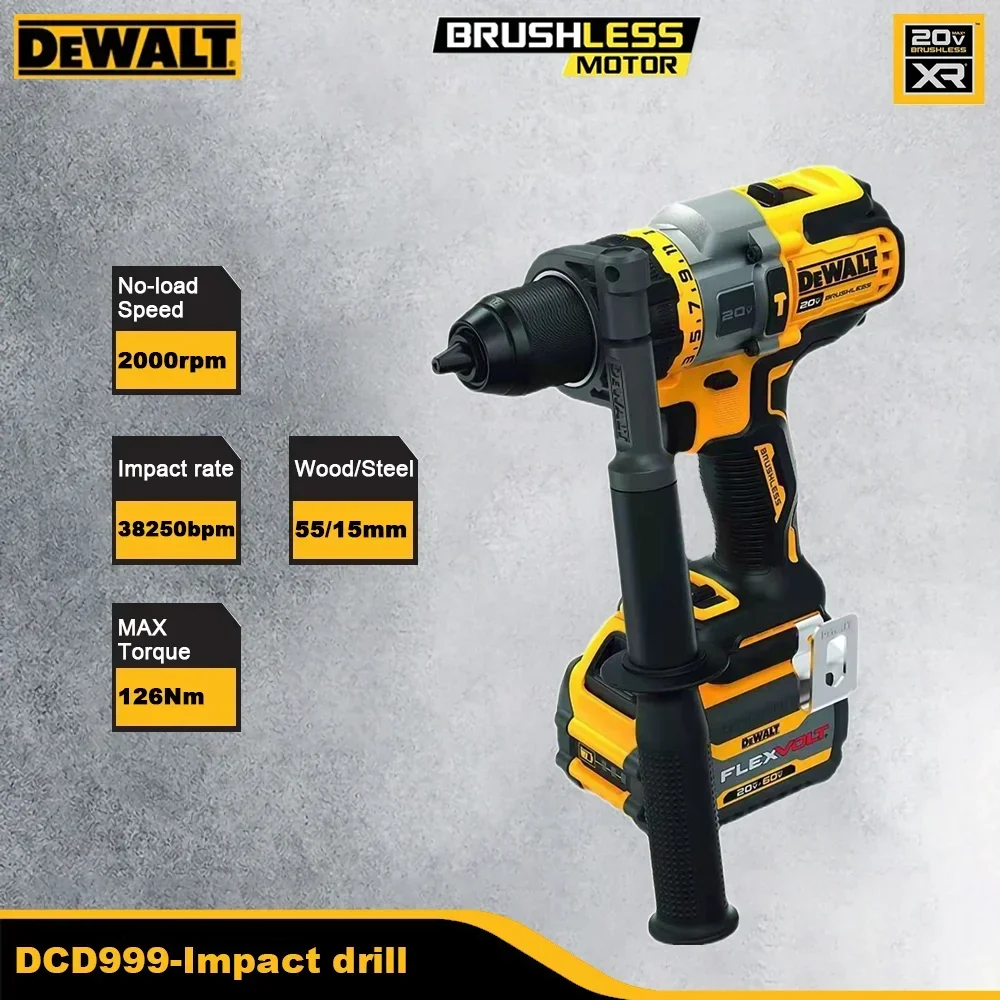 Dewalt Heavy Duty DCD999 Wireless Impact Drill Brushless Rechargeable 20v 126Nm 2000rpm 38250bpm 3 Speed and LED Universal 18v