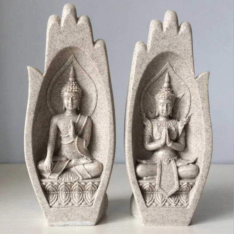 [Funny] 2Pcs/Set Crafts Sandstone Buddha Figure Hands together Statue Sculptures Buddhism Statues Garden home Decoration