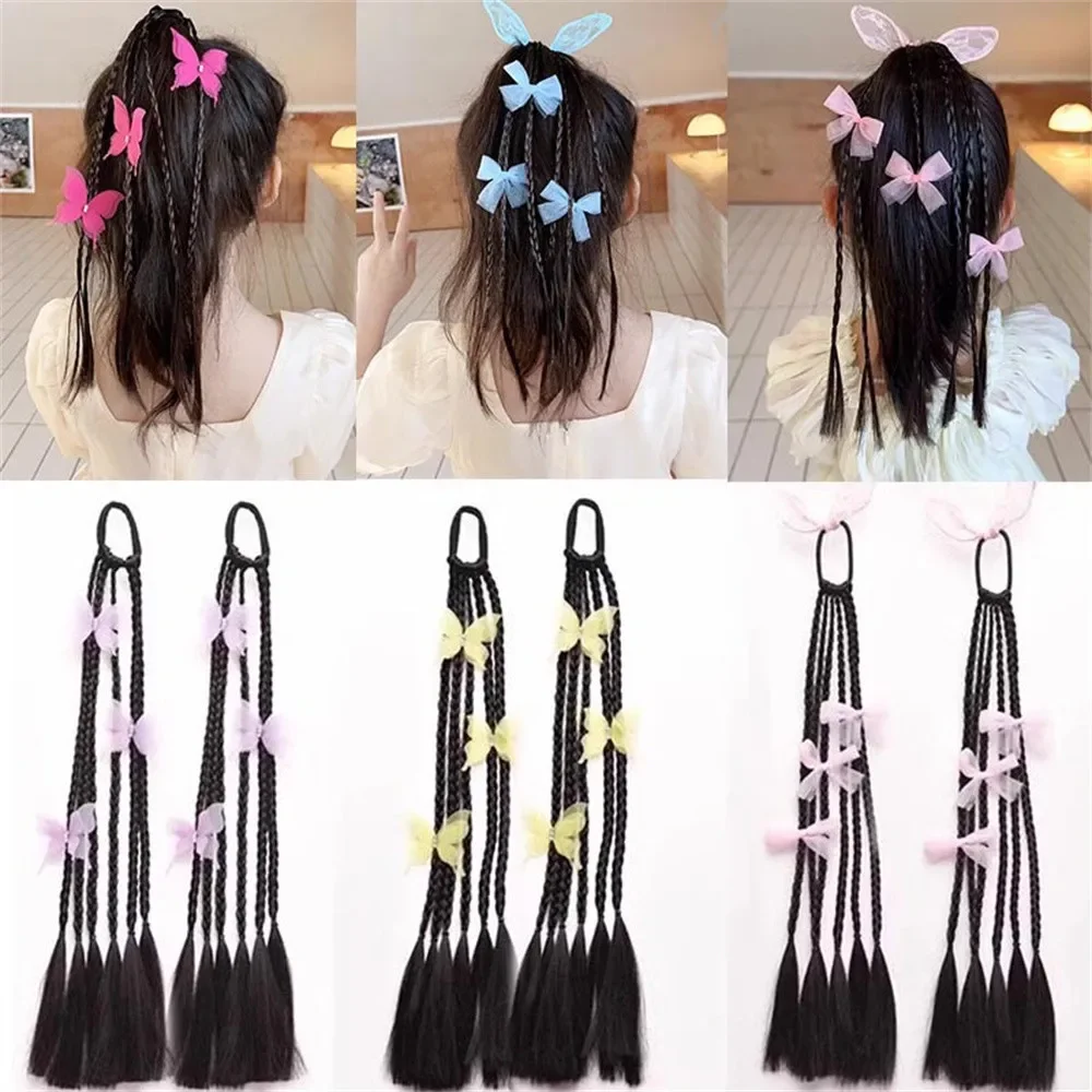 Girls' Braided Hair Bands Set - 3PCS High Ponytail Wrapped Leather Bands, Handmade Twist Braid & Butterfly Hair Accessories