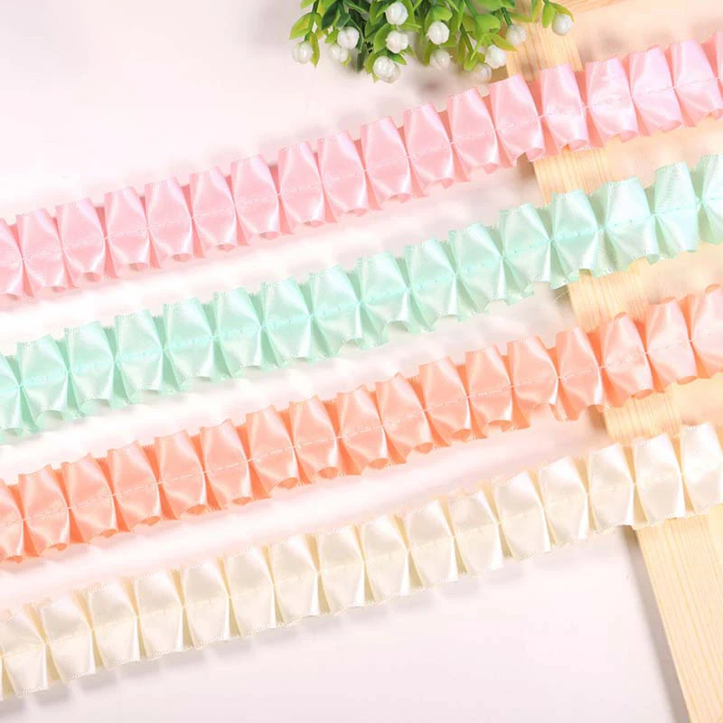 2/5Y 2.5cm Ruffled Satin Ribbon Trim Multicolor Double Layer Pleated Lace for DIY Sewing Garment Dress Hair Bow Craft Decoration