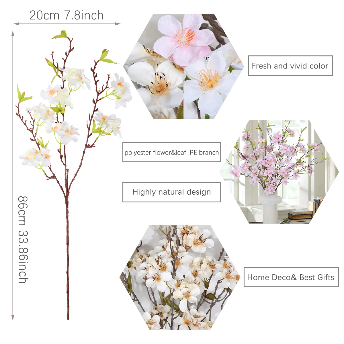 XIYA FLOWER  Cherry Artificial Flowers Sakura Artificial Branchs White Pink Spring PE Material Indoor Garden & Home Decor
