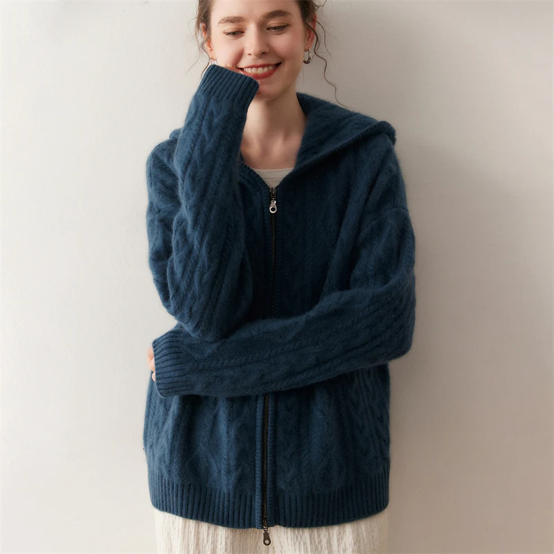 Manteau à fleurs torsadé avec fermeture éclair pour femme, Cardigan Chic de luxe tricoté en cachemire, à capuche, pull épais de haute qualité, automne et hiver, 100%