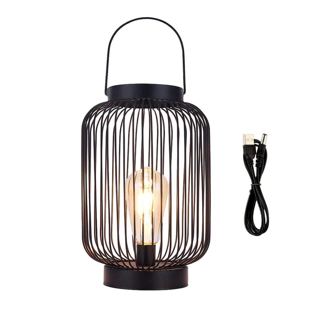 Metal Cage Table Lamp Battery Powered Cordless Hanging Lamp  with 1M USB Power Connection for Home Weddings Parties Decoration