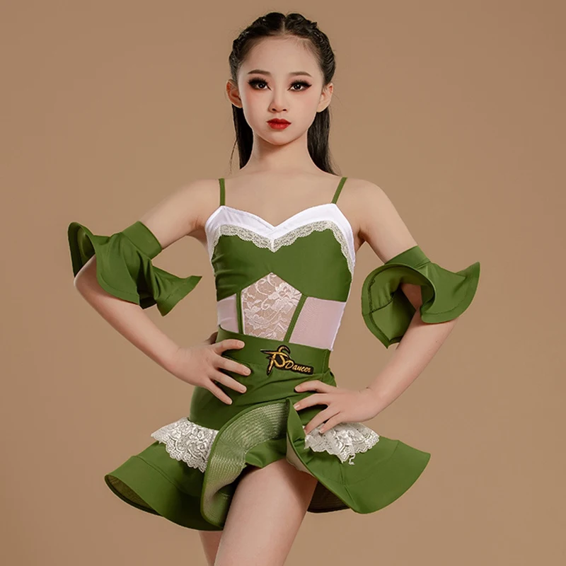 Jupe filles femmes robe de compétition Cha Cha vêtements de danse 2025 danse latine Performance vêtements vert couverture en dentelle arête de poisson