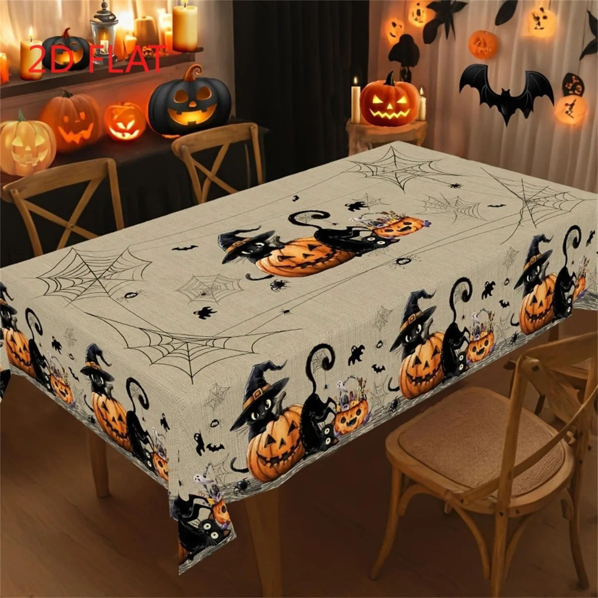 One tablecloth featuring a pattern of a black cat wizard hat with a pumpkin web on a beige fabric background.