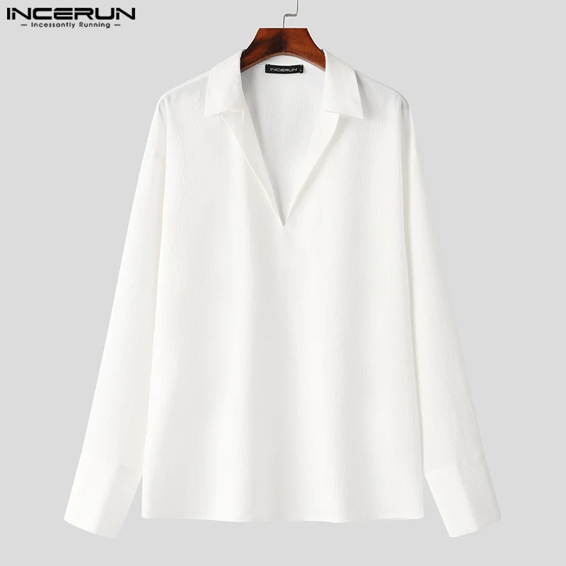 2024 Men Shirt Solid Color V Neck Long Sleeve Casual Men Clothing Korean Style Streetwear Fashion Leisure Shirts S-5XL INCERUN