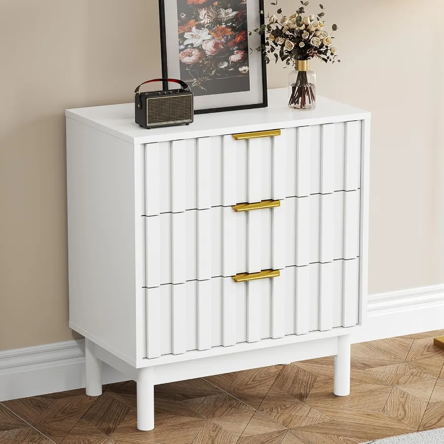 3 Drawer Nightstand Modern Fluted Chest of Drawers Wooden Storage Night Stand Side Table with Chic Edge Pull Perfect for Bedroo