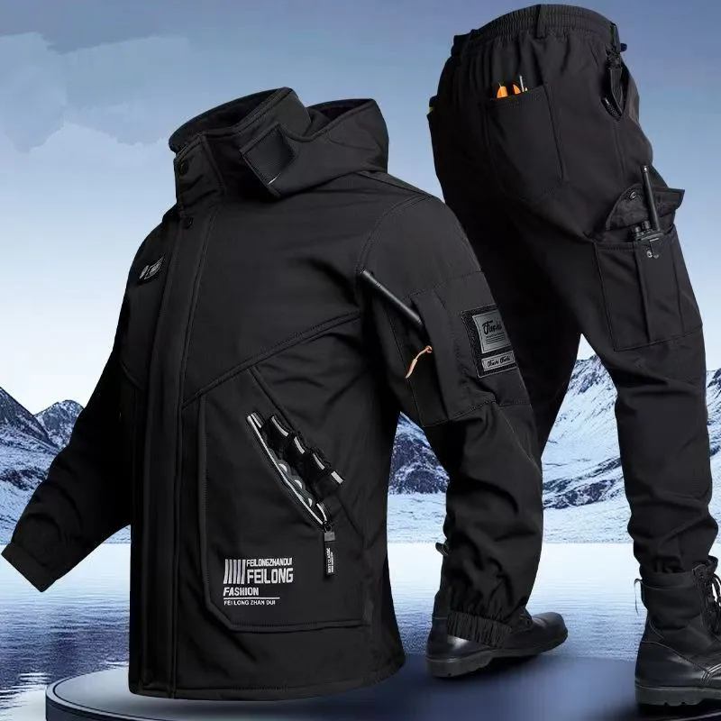 Thickened Fleece Winter Workwear Men's Jacket Pants Set Windproof Warm Waterproof Wear-resistant Construction Site Uniform