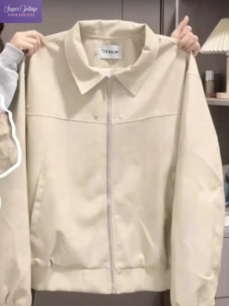 

Vintage Unique Lapel Jacket Women Autumn New American Style Casual Zipper Cardigan Loose Fit Chic Y2K Streetwear Fashion Outfit