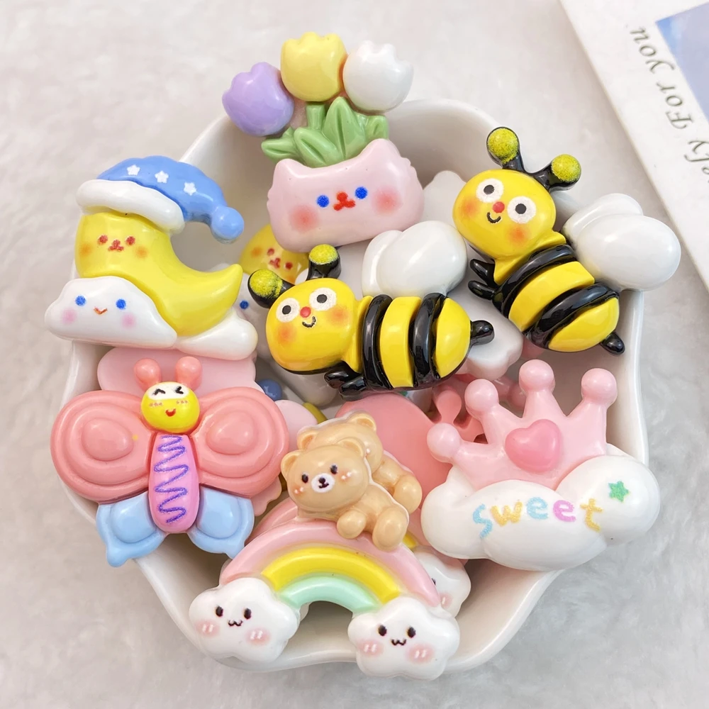 10Pcs New Cute Cartoon Rainbow, Bee, Butterfly Series Flat Back Ornament Jewelry Bows Accessories Free Shipping