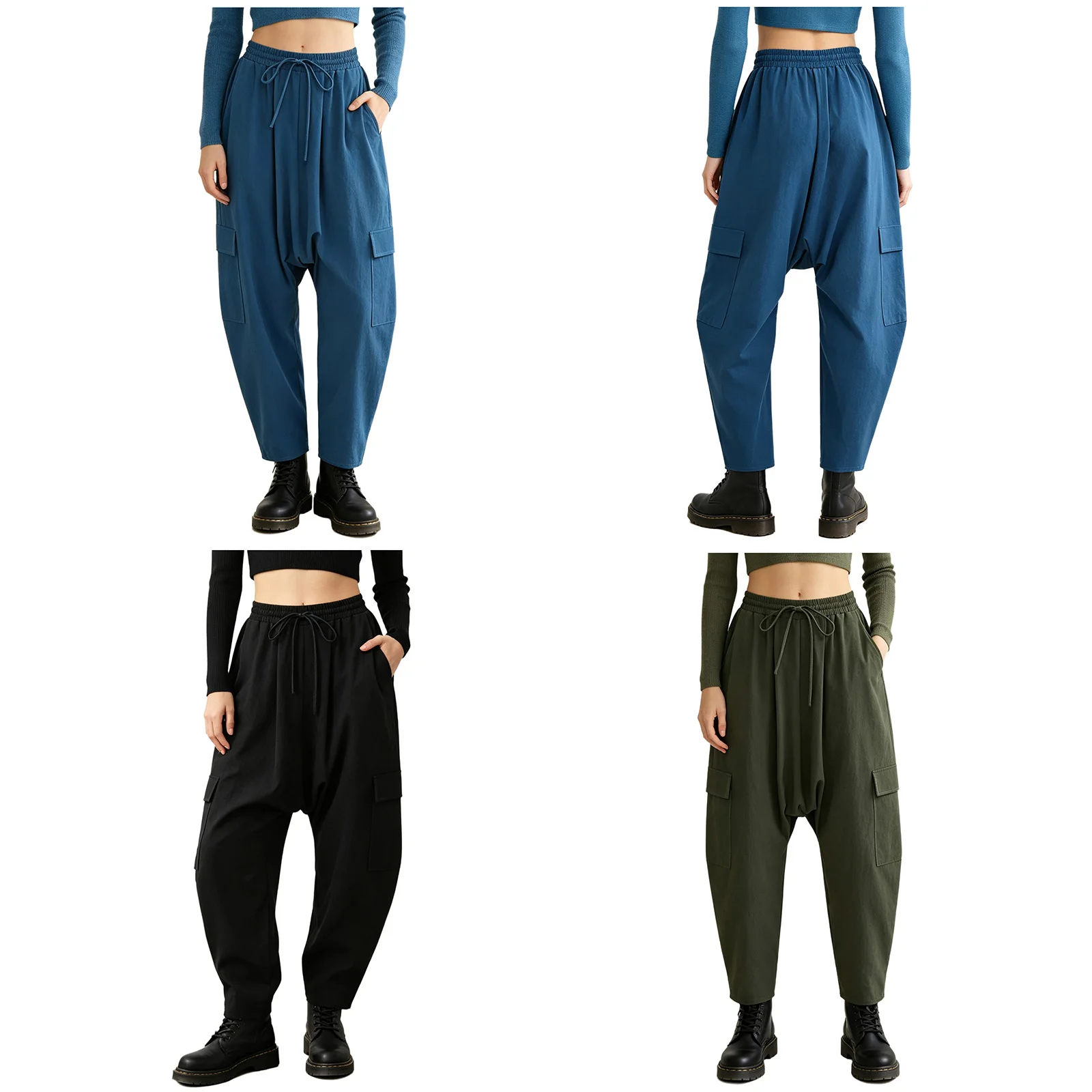 Women Cargo Palazzo Casual Pants Drop Crotch Multi-pocket Drawstring Elastic Waistband Baggy Pants Pirate Trousers