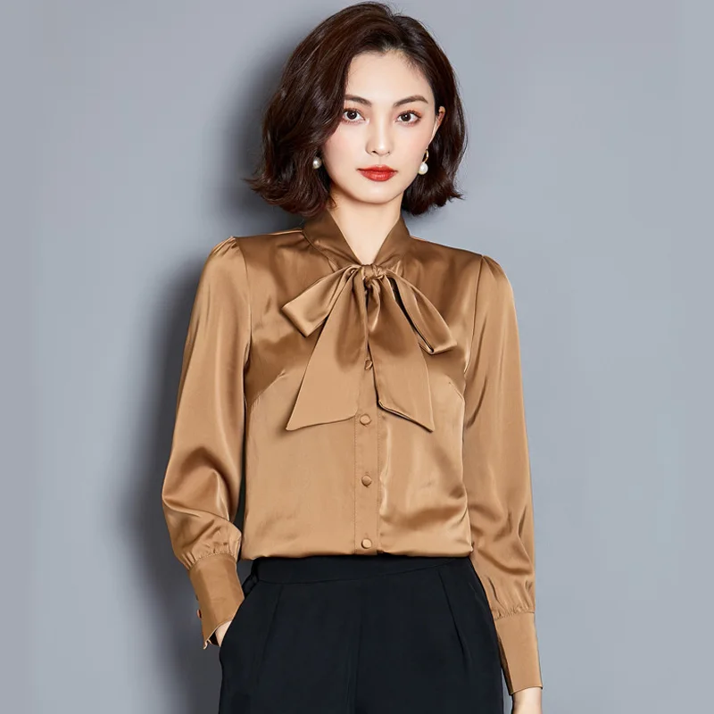 Real Silk Bow Tie Neck Blouse Women Autumn Long Sleeve Casual Tops and Blouses Elegant Formal Ladies Workwear Shirts Large Size