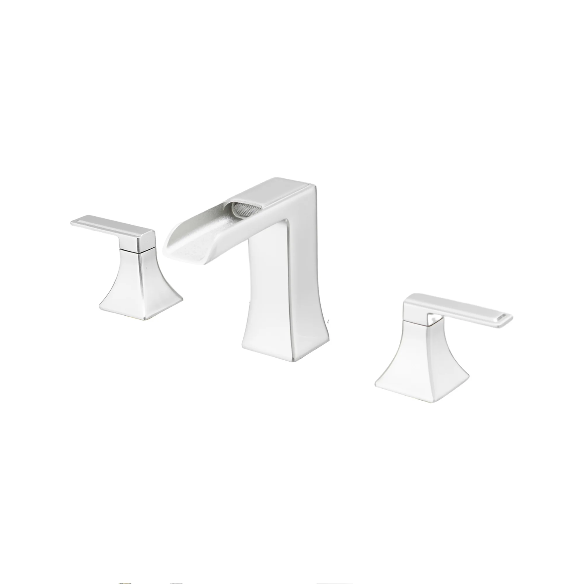 New Waterfall Bathroom Sink Faucet 3 Hole Dual Handle 8 Inch Bath Faucet with Plastic Perforated Drainer