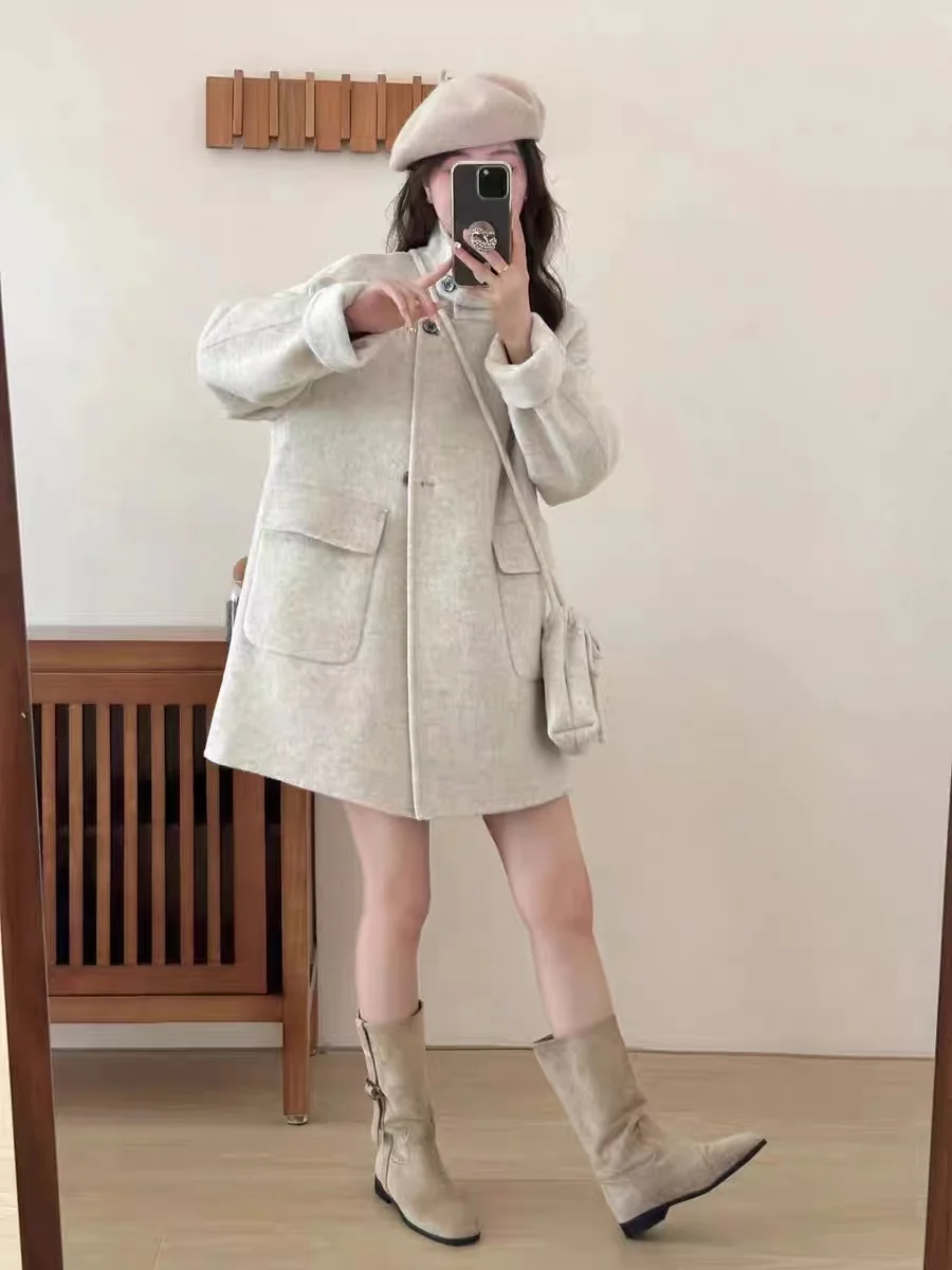 

2025 Spring Autumn New Style Korean Version Loose Fashionable Double-Faced Woolen Coat Short Female Outerwear Cardigan