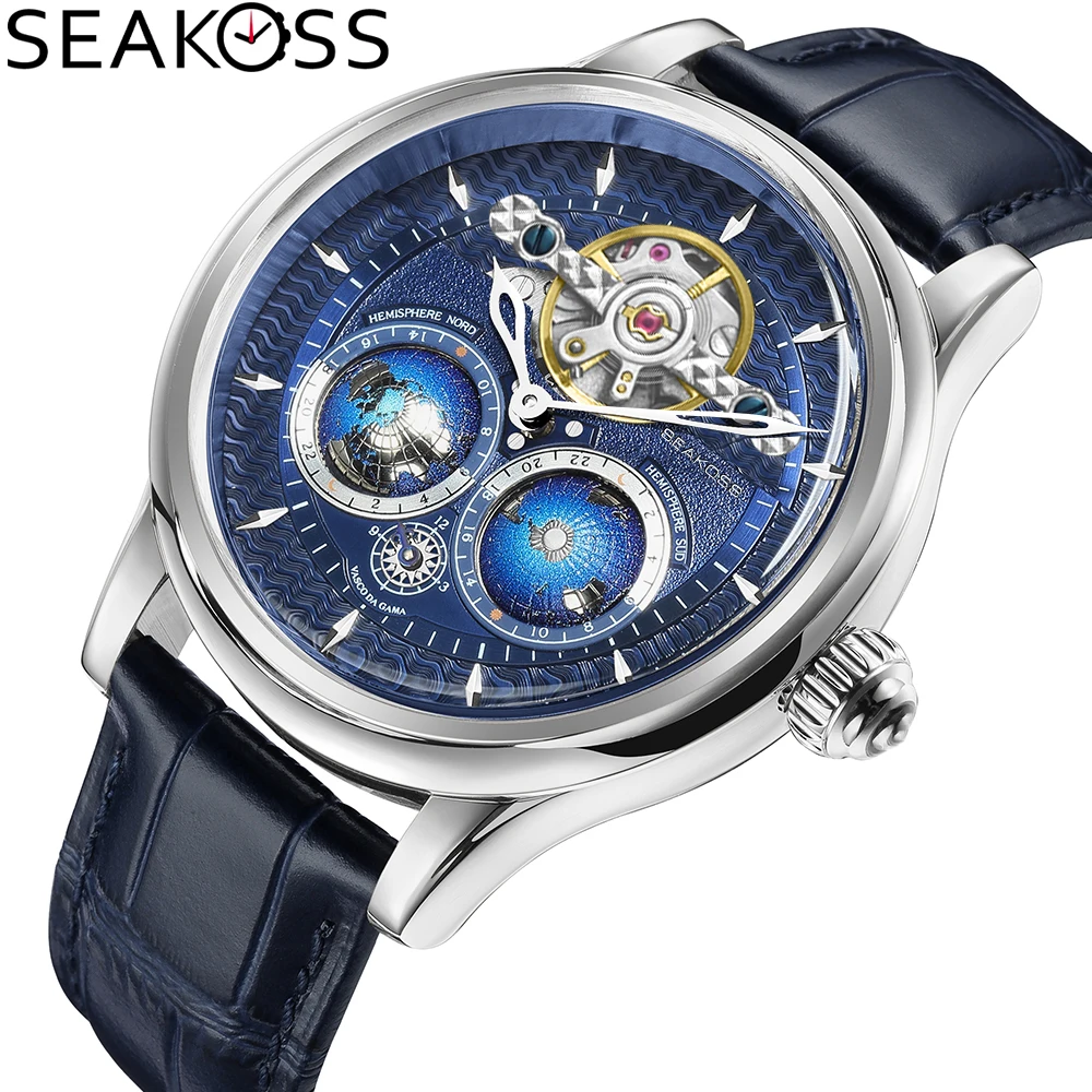 SEAKOSS 3D Double Earth Rotating Men\'s Mechanical Watch Automatic Movement Waterproof Clock Pilots Male 1963 Flywheel Watches