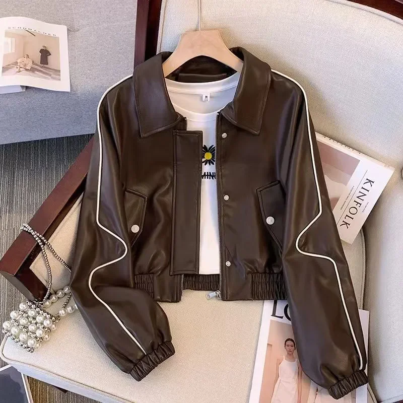 Giacca in pelle PU di fascia alta da donna 2025 Primavera Autunno Nuova giacca in pelle da motociclista versatile moda allentata Top corto femminile