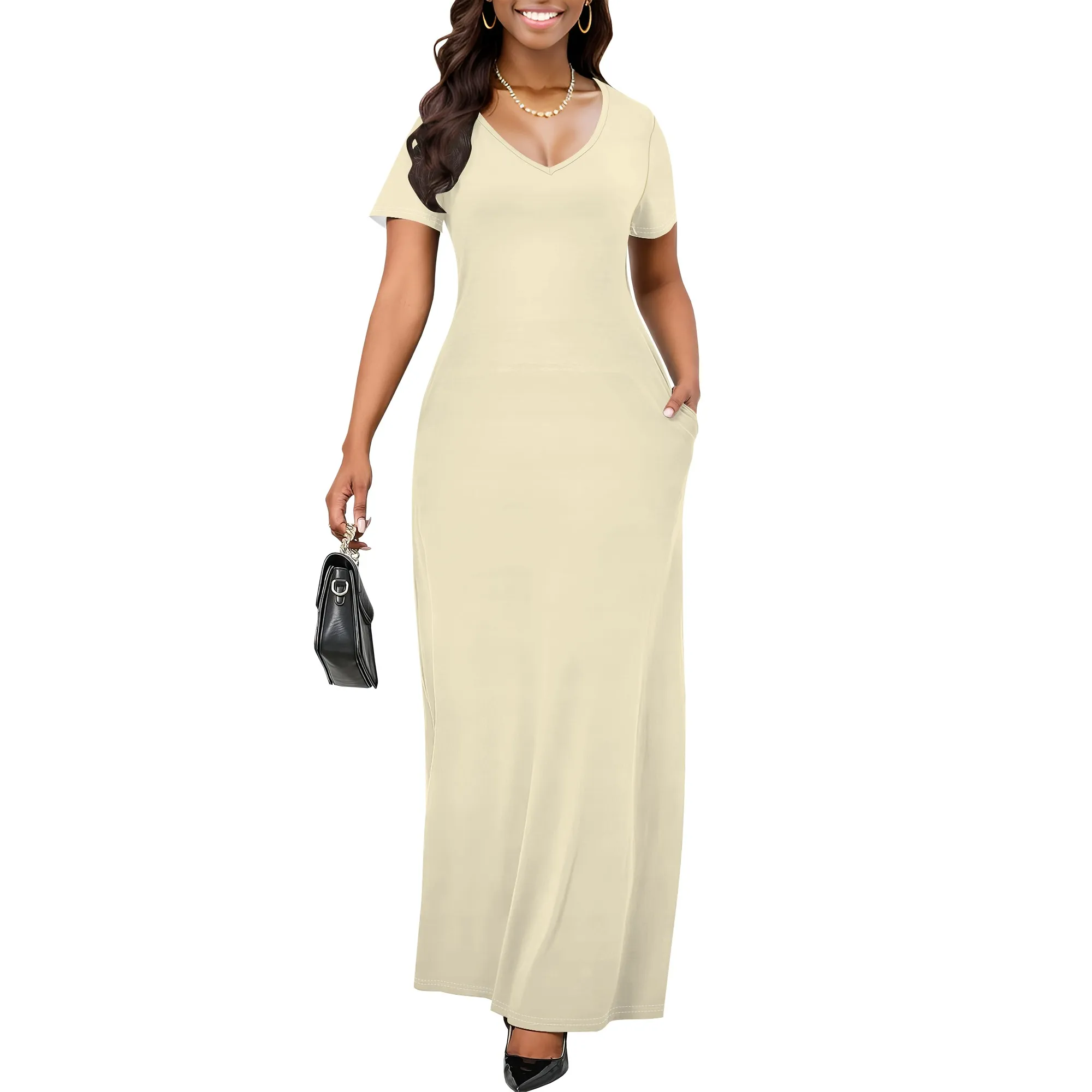 レディースカジュアル半袖セクシーVネック無地Tシャツマキシ丈ワンピース夏ビーチスイングサンドレスポケット付き