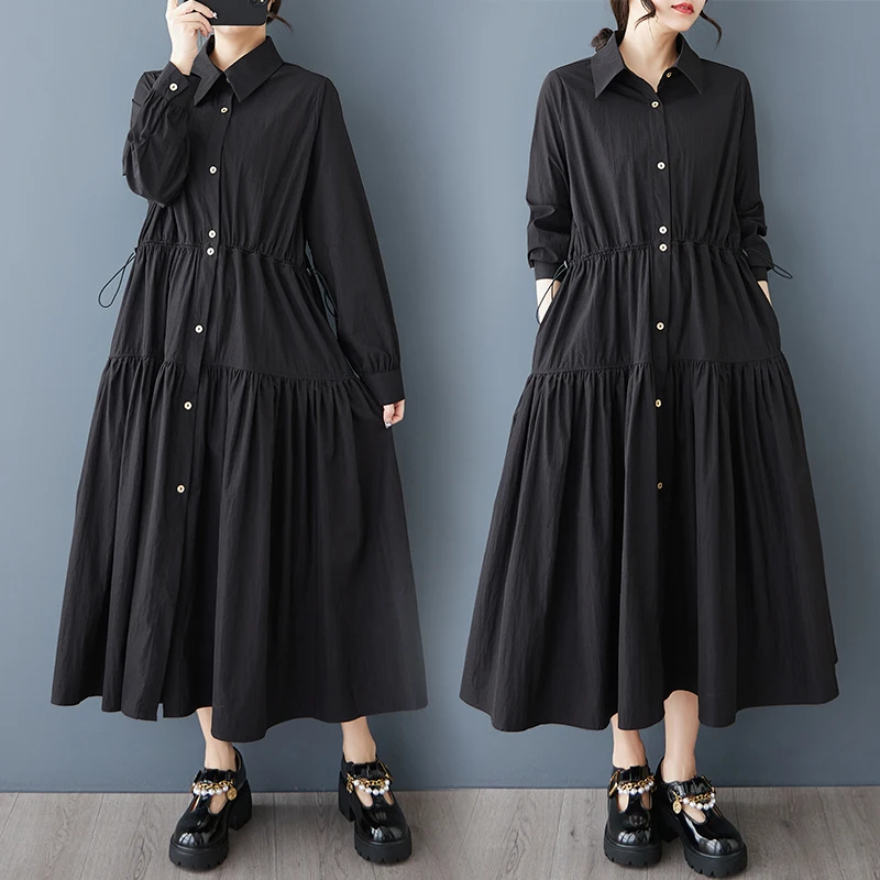 เสื้อเชิ้ตทรงเอไลน์ผ้าคอตตอนผสมโพลีเอสเตอร์สำหรับฤดูใบไม้ผลิ สไตล์ลำลอง สีพื้น คอปก