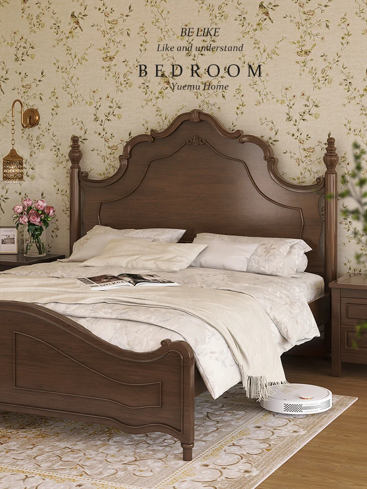 Simple style American solid wood bed Modern simple 1.5m 1.8m double bed Retro French bed light luxury main bed