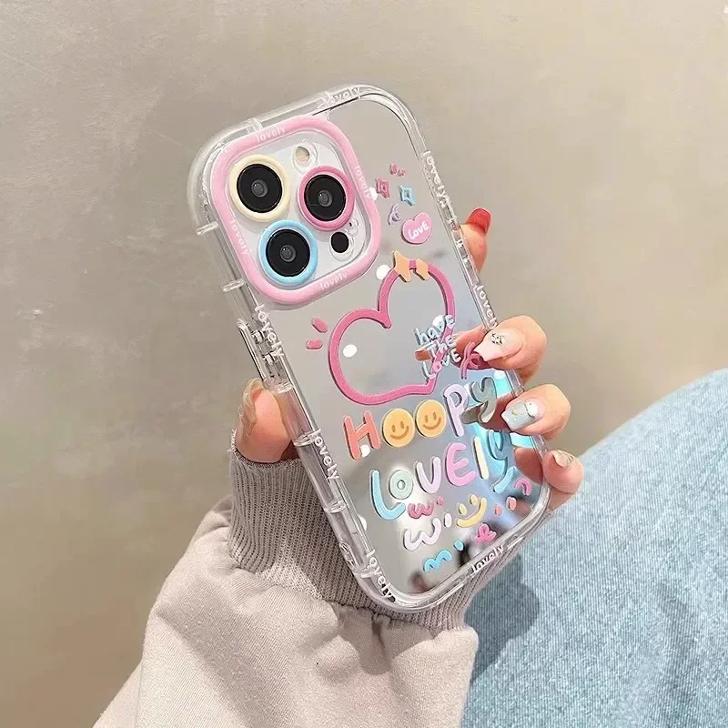 Love Happy Letter Mirror Frame For iPhone Case 16 15 14 13 12 11 Pro XR XS Max 7 8 Plus Soft Phone Y2K Girl Pink Hot Cover