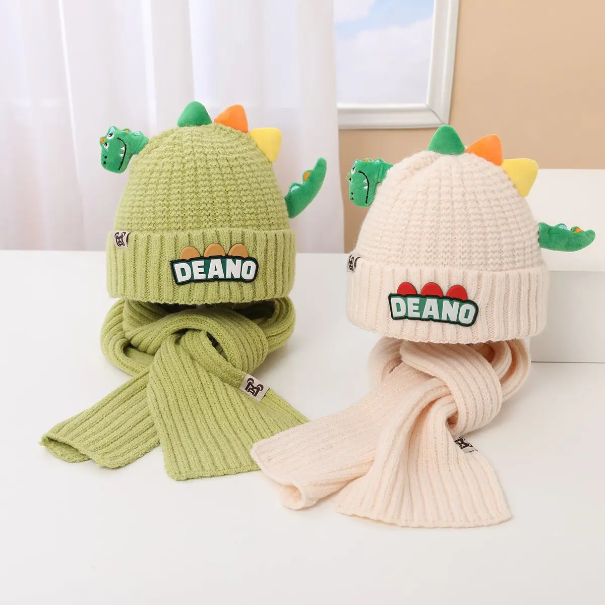 New Winter Cute Kids Fur Ball Knitted Beanies And Scarf 2pcs Set Baby Boy Girls Cartoon 3D Dinosaur Warm Hats Accessories