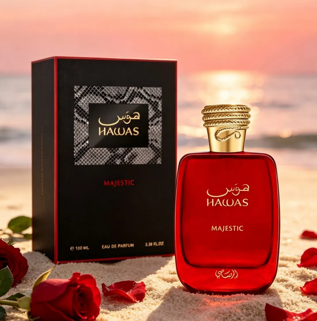 Hawas Majestic aromatic wooden food flavor, citrus spice, unisex perfume spray for men and women, 3.4oz100ml, charming red perfume, durable, suitable for any venue, gift choice