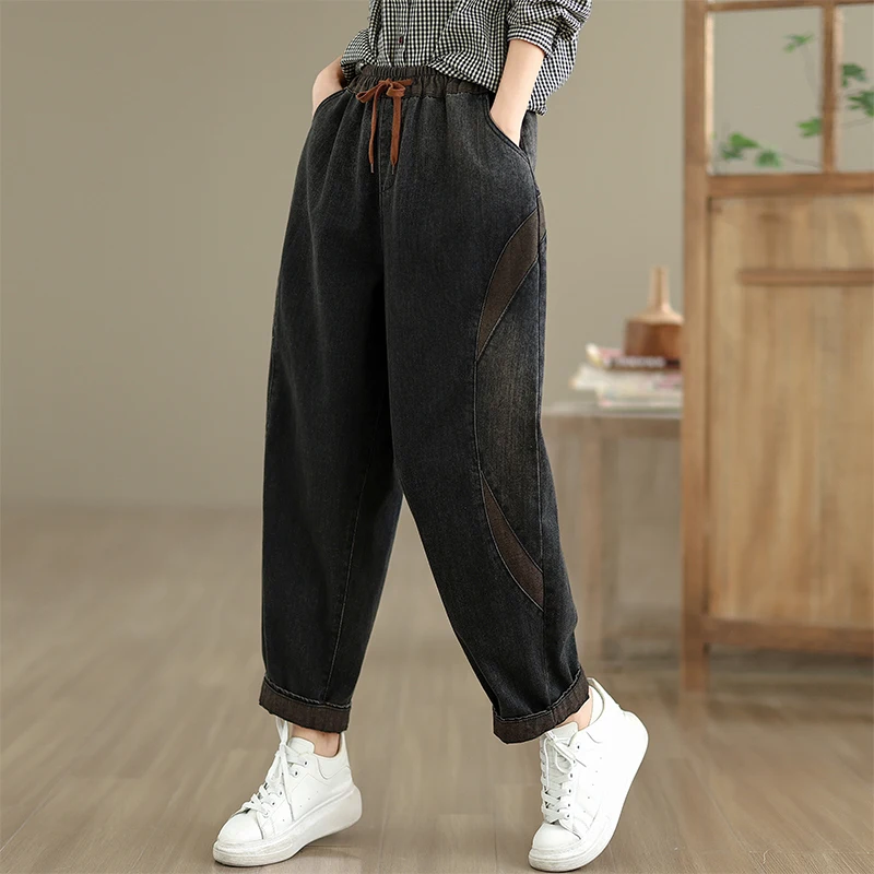 Retro Patchwork Waed Pantaloni in denim casual Elastico in vita con cintura Jeans larghi da donna Bla Cotton 00% Autunno New Sle