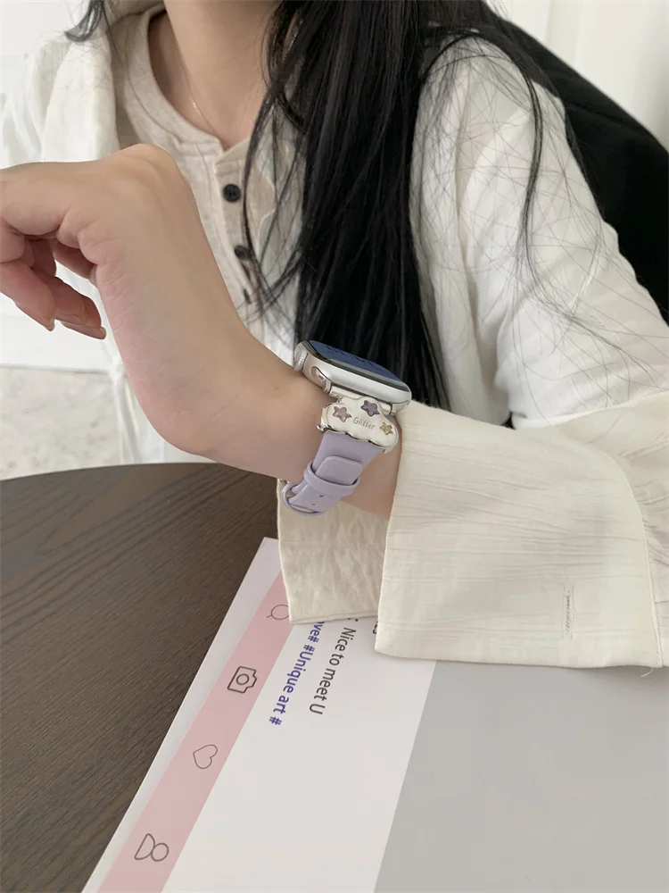 Luxury Leather Strap For Apple Watch 38mm 40 41mm 42mm 45 46mm 49mm Cute Diamond Bracelet Band For iWatch Ultra 10 9 8 SE 7 6 5