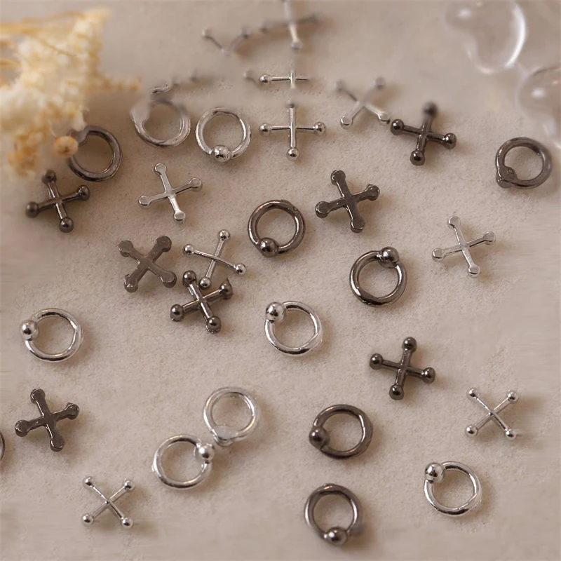 【HBS-7】100pcs Mini Alloy Cross Circle Nail Art Charm 3D Small Chrome Nail Decoration Jewelry Punk Design Nail Accessories