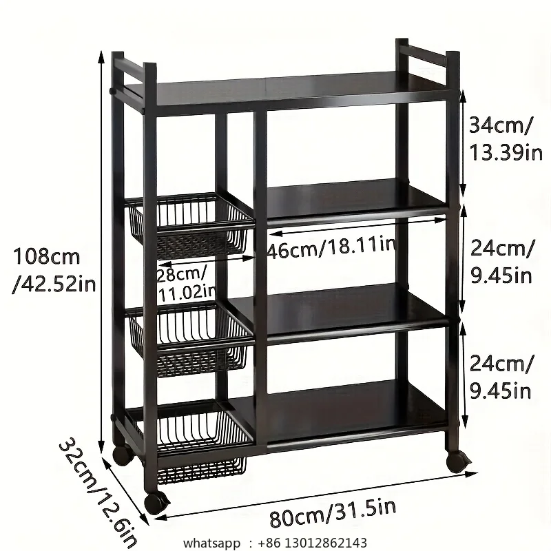 

Multi functional kitchen storage rack with multiple layers of vegetable baskets, floor mounted pulleys for easy movement