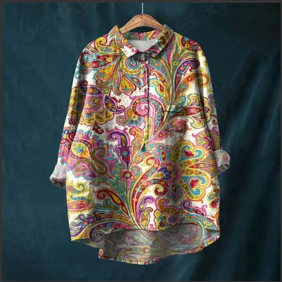 2024 European and American style autumn new long sleeved Chinese style printed fashionable versatile collared shirt