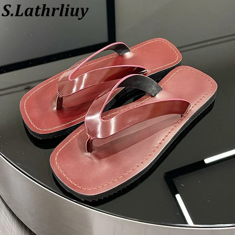 

Summer Genuine Leather Flip Flops Beach Shoes Flat Heel Thick Sole Open Toe Women's Solid Color Sandals Casual Vacation Slippers