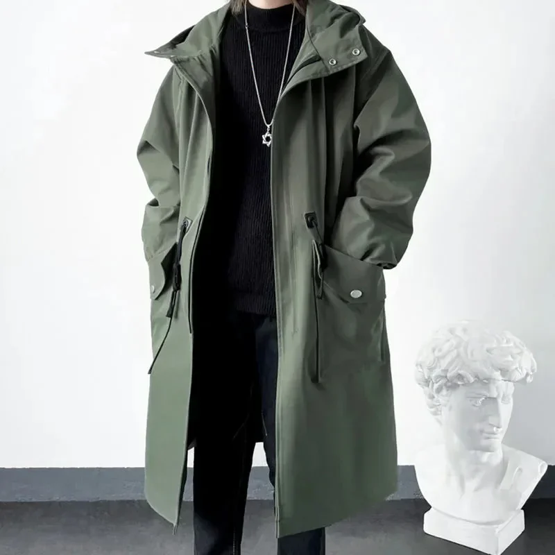 

2023 Spring Autumn Army Green Windbreaker Fashion Men Mid-length Casual Hooded Coat Men Daily High Street Overcoat Male Clothes