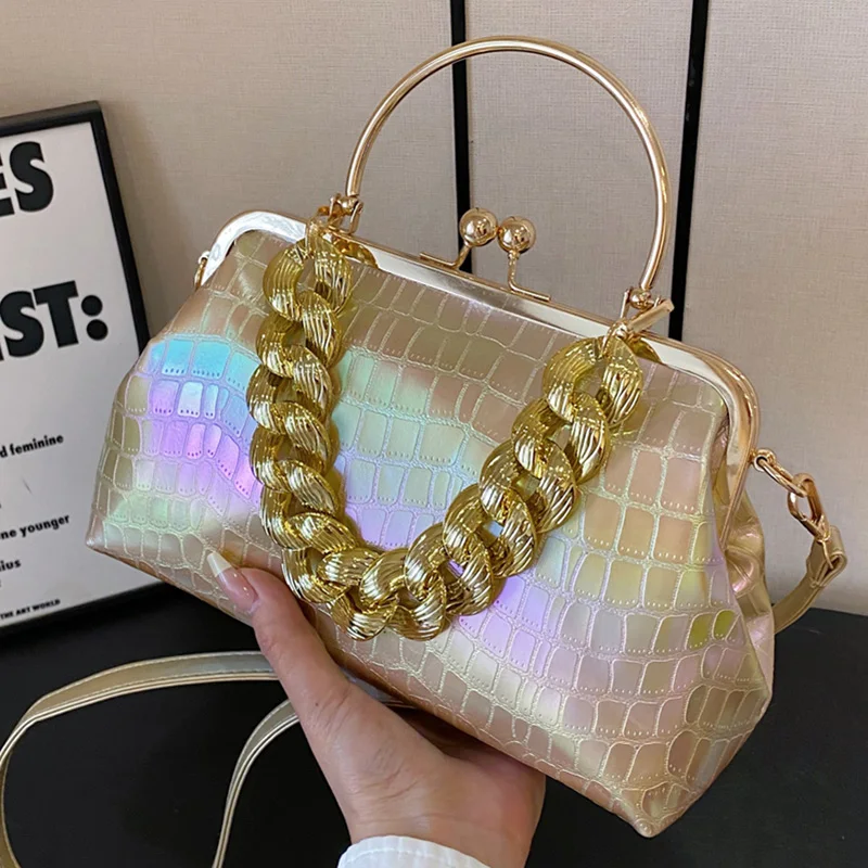 2024 Luxury Women\'s Chain Shoulder Bags Gold PU Leather Stone Pattern Shell Clip Designer Handbag And Purse Party Wedding Clutch