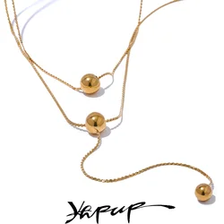 Yhpup Stylish Stainless Steel Round Bead Long Layered Fashion Necklace Pendant Individualistic Chic Chain Jewelry 18K PVD Plated
